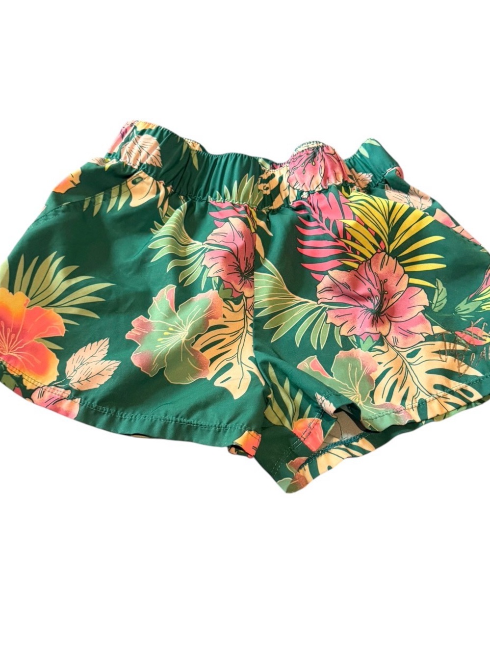 Tropical Floral Green Elastic Waist Shorts